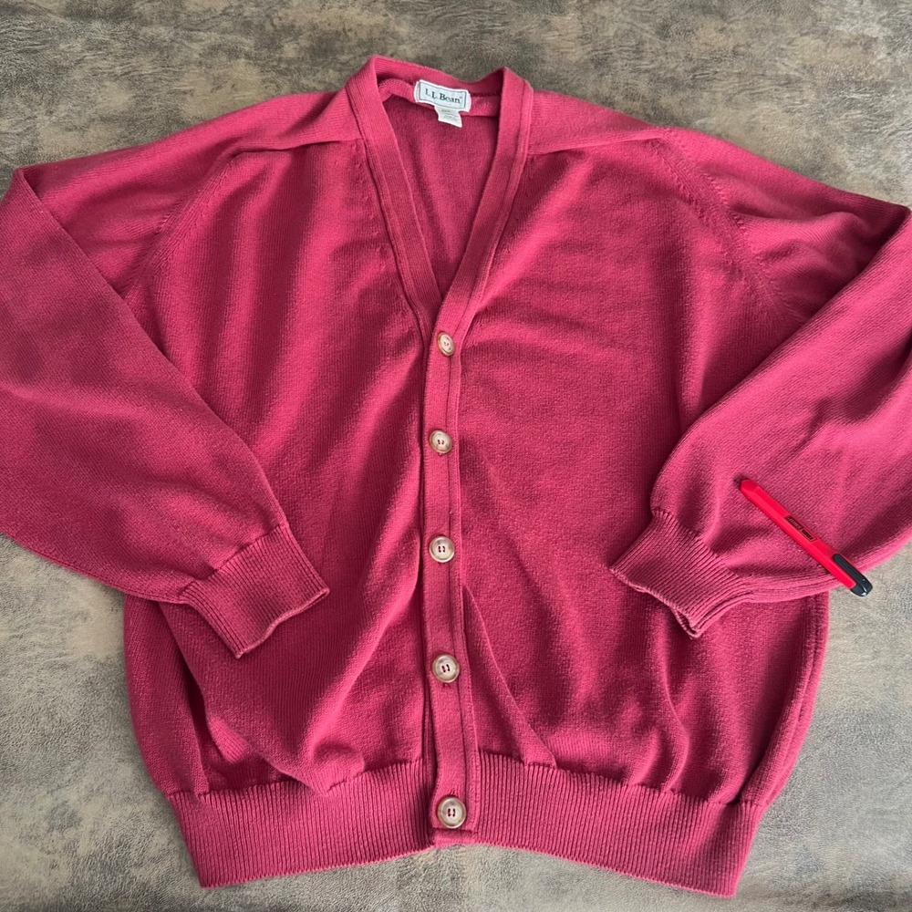 L.L. Bean Cardigan Sweater Mens XL Tall Red‎ Cotton Knit Made in Scotland VTG